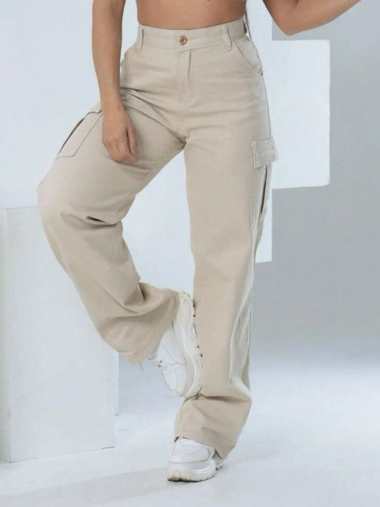 Calça Feminina Wide Leg Cargo Cintura Alta Linha Premium 100% Algodão