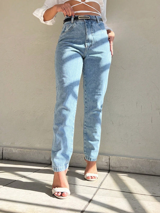 Calça Jeans Mom Feminina Sem Elastano Bolsos com cinto lisa sem rascada