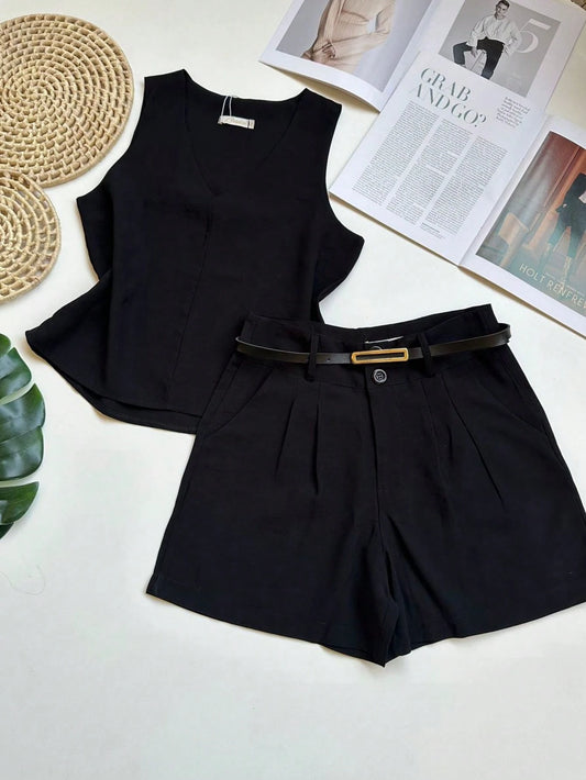 Conjunto Feminino Marrant Estilo Casual Chic de Verão – Camiseta Sem Mangas e Shorts com Cinto, Conforto e Frescor