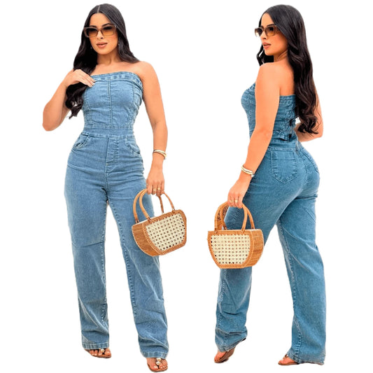 Macacão Feminino Jeans Calça Longo Com Elastano Jardineira Premium Tomara Que Caia