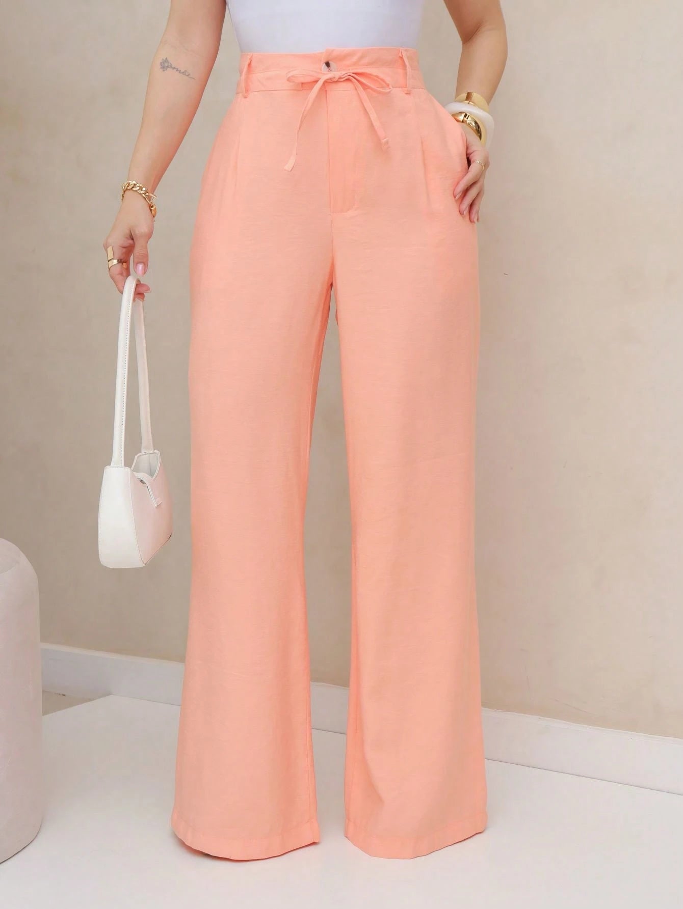 Calça feminina casual de cintura alta, lisa, com amarração reta e cinto ajustável na cintura, calça feminina larga e moderna, adequada para uso diário de outono e inverno, escritório e reuniões familiares (as calças não são elásticas)