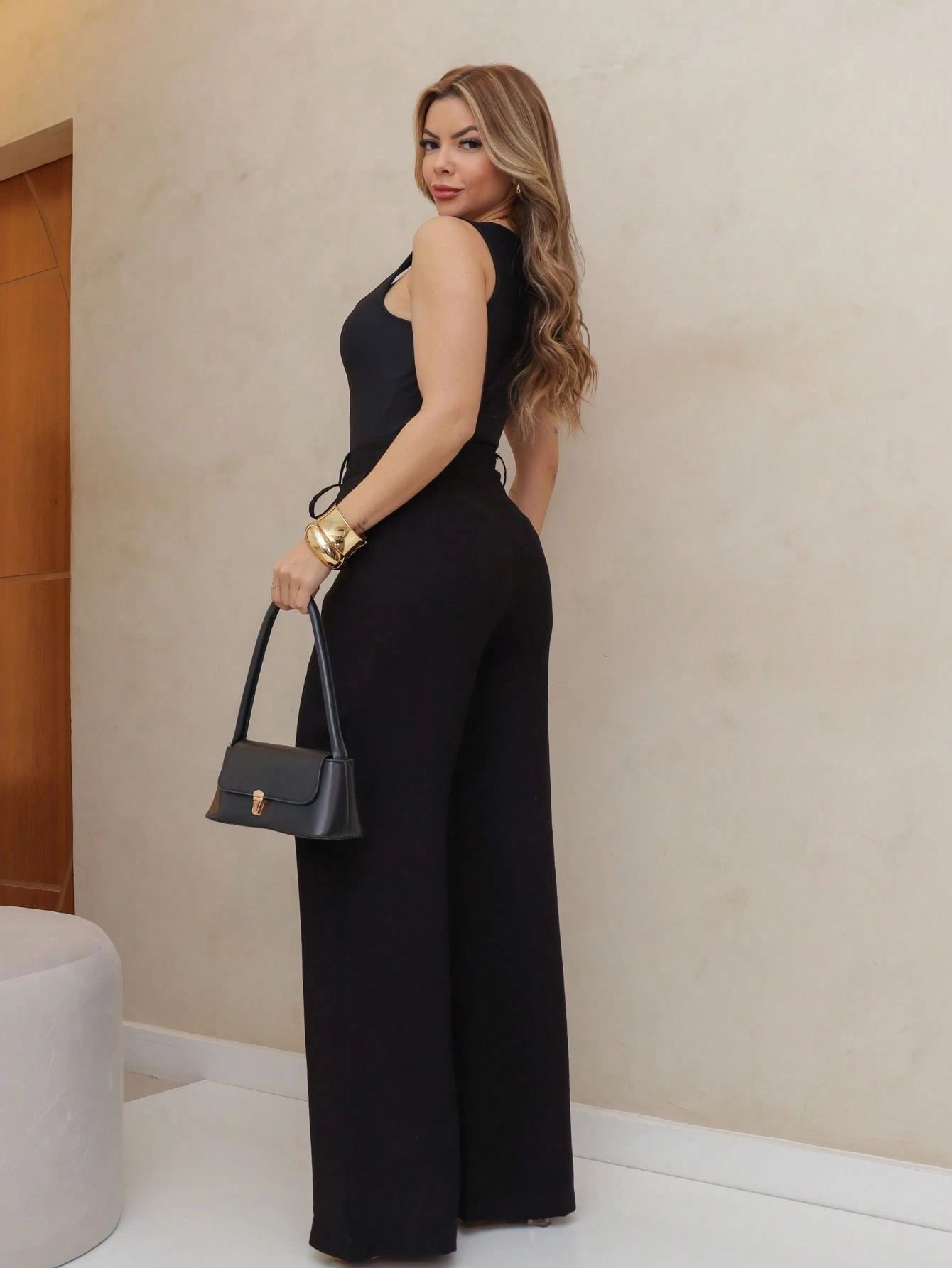 Calça feminina casual de cintura alta, lisa, com amarração reta e cinto ajustável na cintura, calça feminina larga e moderna, adequada para uso diário de outono e inverno, escritório e reuniões familiares (as calças não são elásticas)