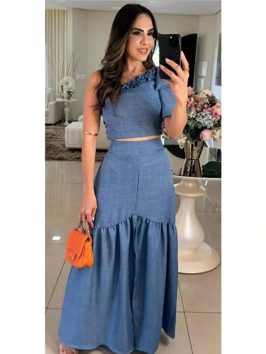 Conjunto feminino de saia longa babado e cropped