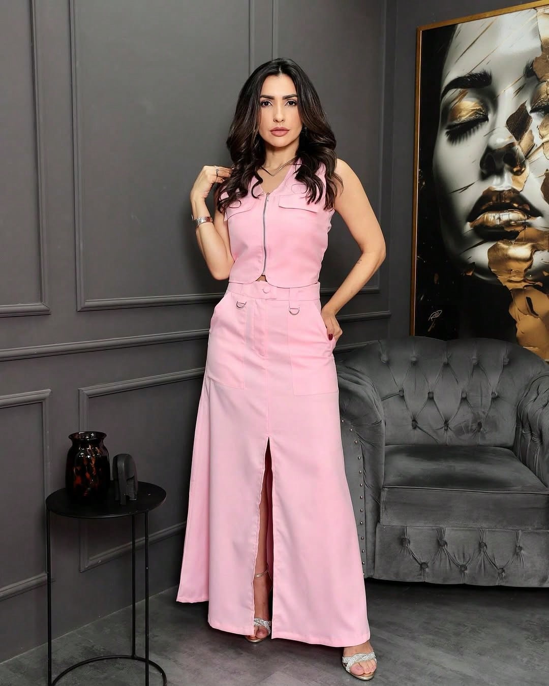 Conjunto Feminino Alfaiataria Cargo Social Colete E Saia Longa VERÃO/TENDENCIA 2026 Elegante Moderno Moda Evangélica NATAL/REVEILLON