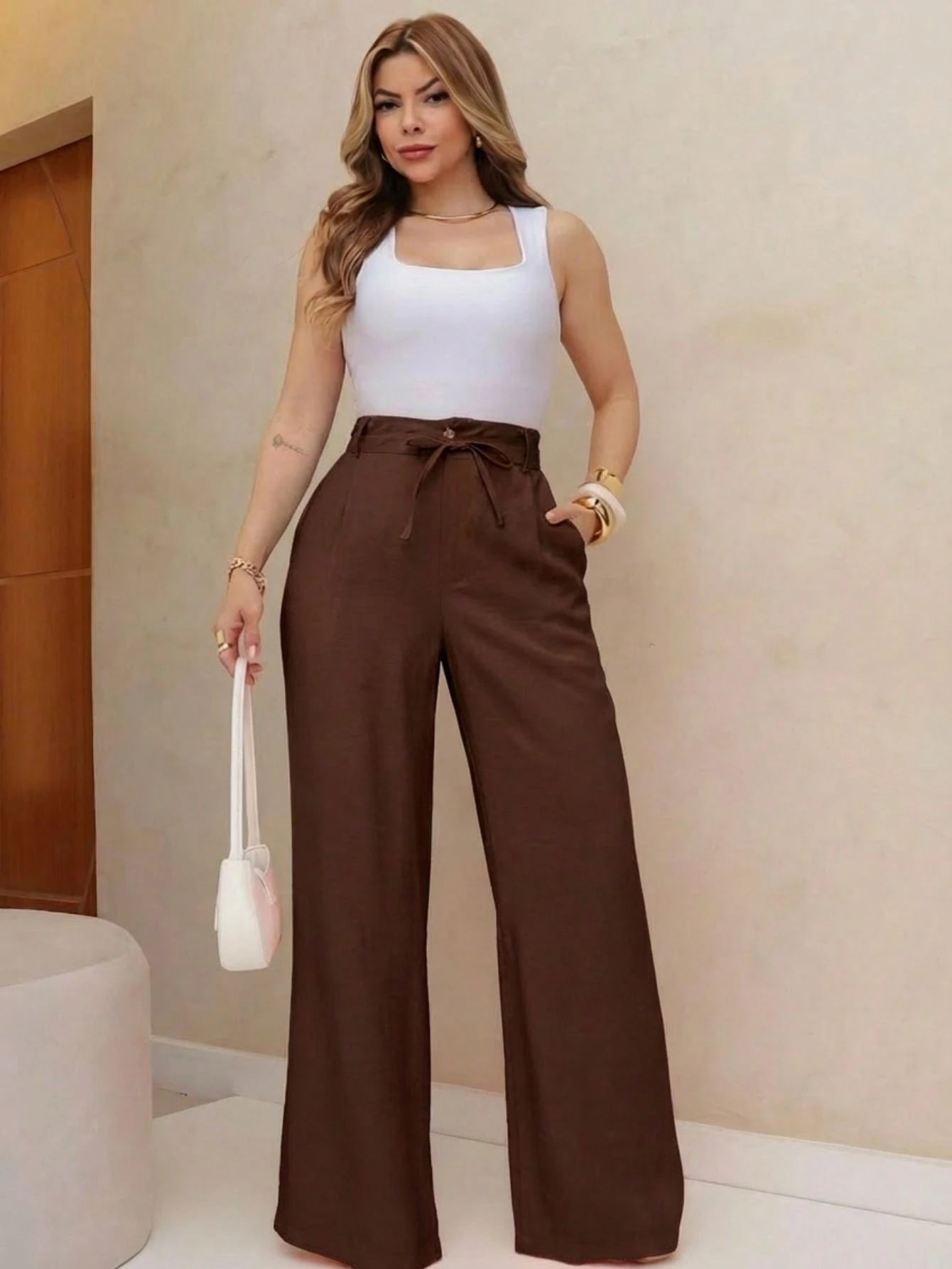 Calça feminina casual de cintura alta, lisa, com amarração reta e cinto ajustável na cintura, calça feminina larga e moderna, adequada para uso diário de outono e inverno, escritório e reuniões familiares (as calças não são elásticas)