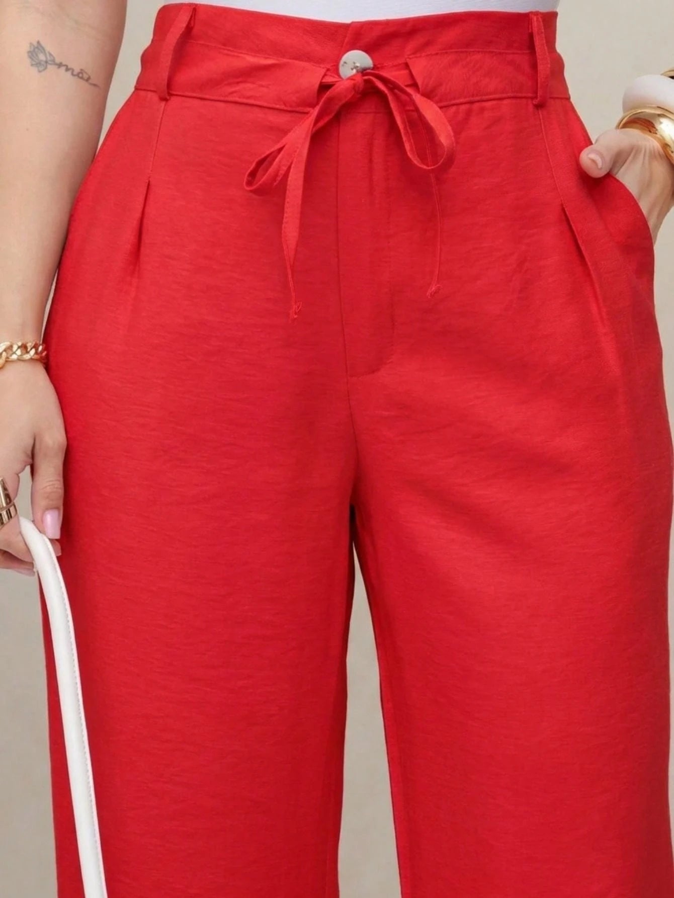 Calça feminina casual de cintura alta, lisa, com amarração reta e cinto ajustável na cintura, calça feminina larga e moderna, adequada para uso diário de outono e inverno, escritório e reuniões familiares (as calças não são elásticas)