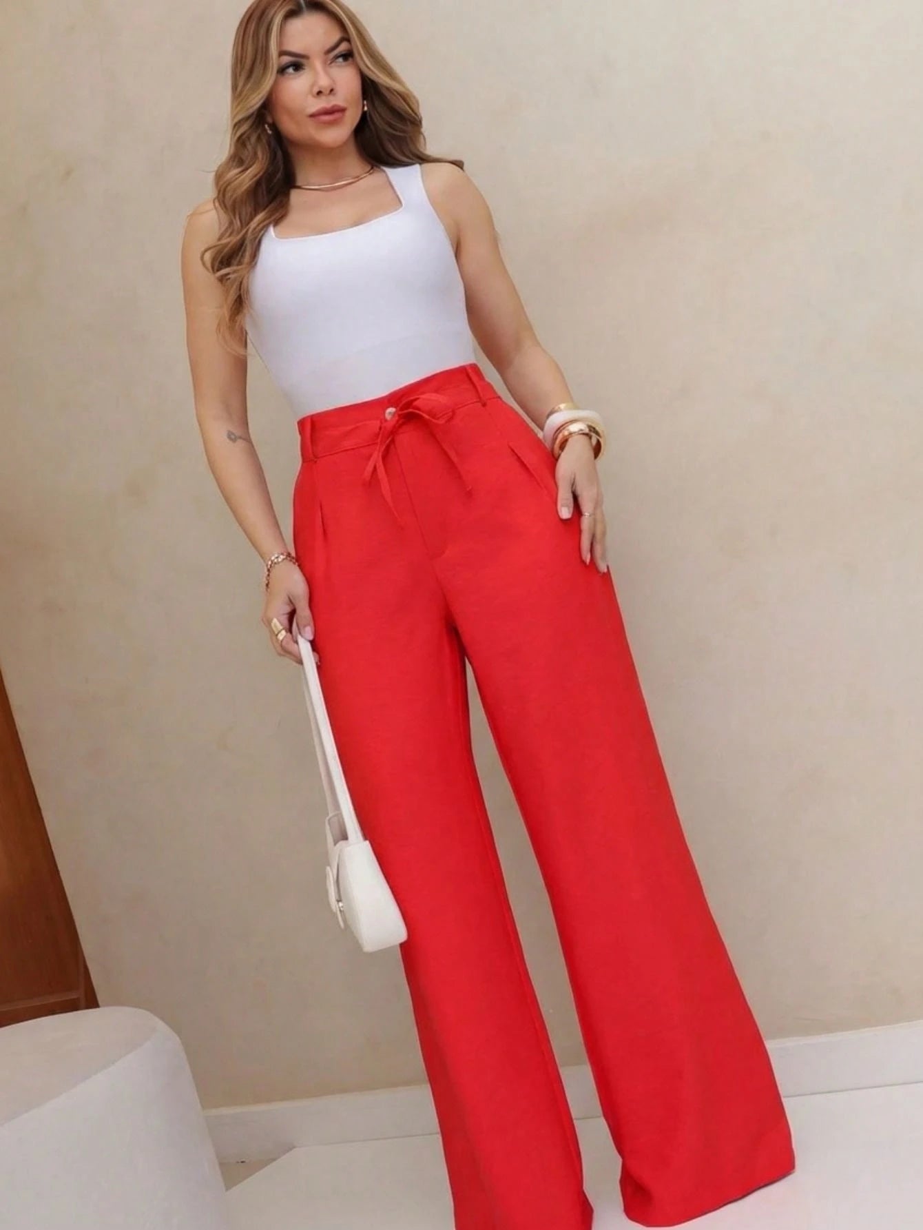 Calça feminina casual de cintura alta, lisa, com amarração reta e cinto ajustável na cintura, calça feminina larga e moderna, adequada para uso diário de outono e inverno, escritório e reuniões familiares (as calças não são elásticas)