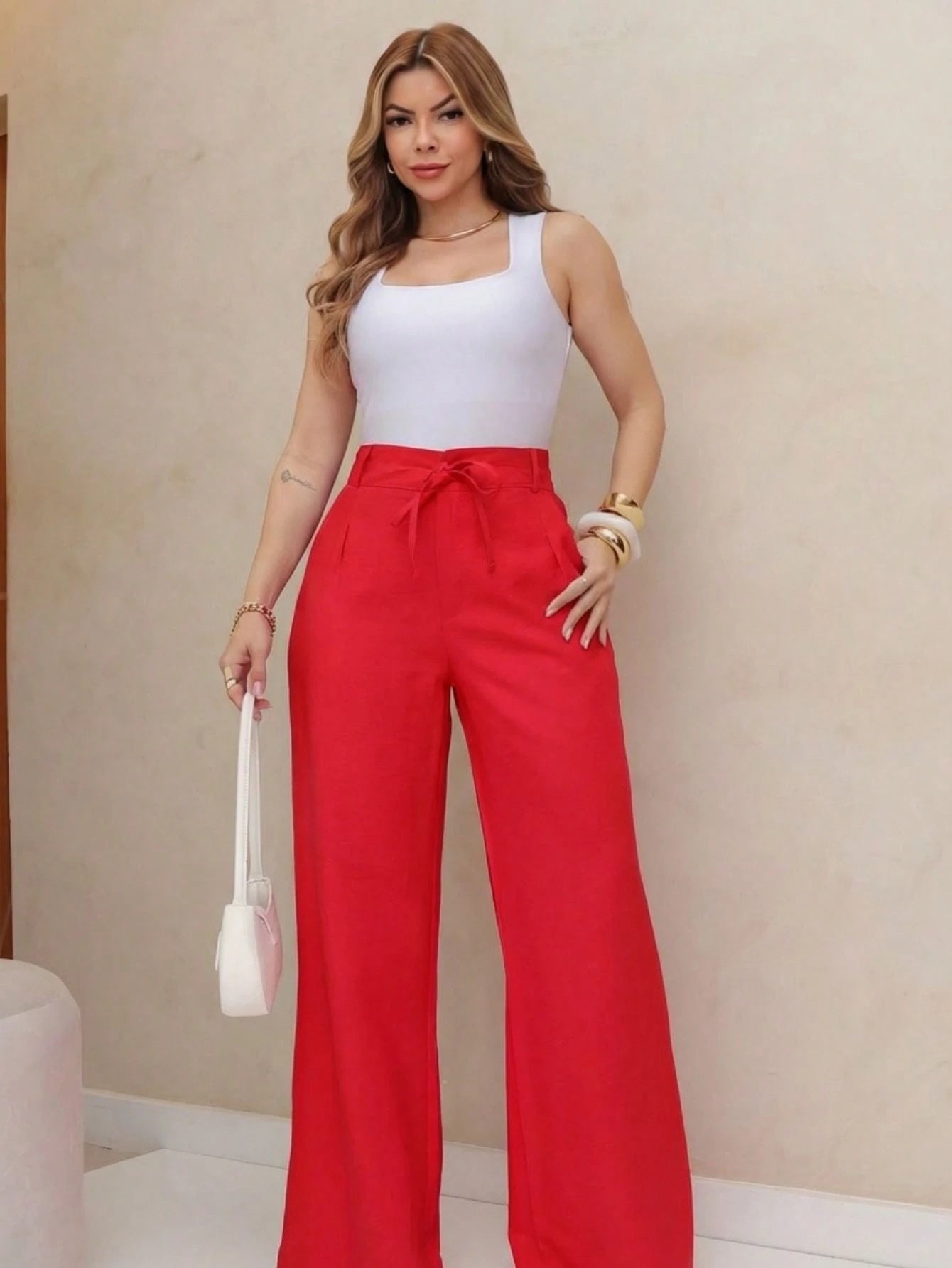 Calça feminina casual de cintura alta, lisa, com amarração reta e cinto ajustável na cintura, calça feminina larga e moderna, adequada para uso diário de outono e inverno, escritório e reuniões familiares (as calças não são elásticas)