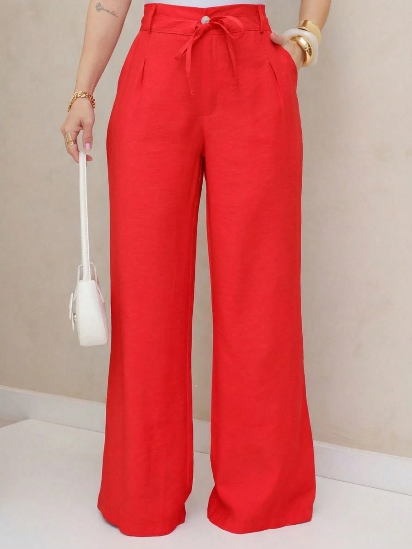 Calça feminina casual de cintura alta, lisa, com amarração reta e cinto ajustável na cintura, calça feminina larga e moderna, adequada para uso diário de outono e inverno, escritório e reuniões familiares (as calças não são elásticas)