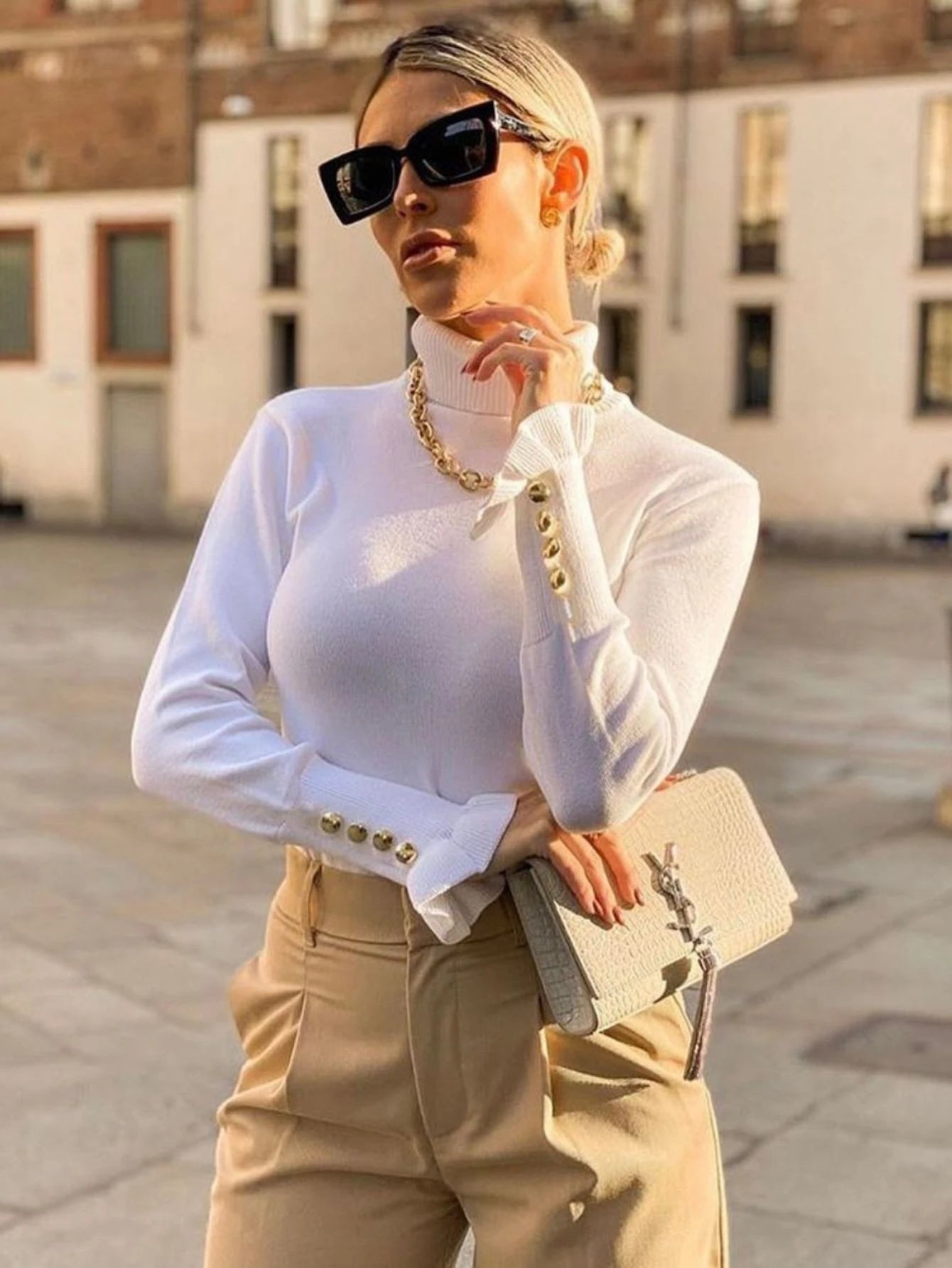 IN FASHION FEMININA BLUSA MODAL TRICOT GOLA ALTA MANGA COMPRIDAS TAMBEM MANGA DE BOTAO