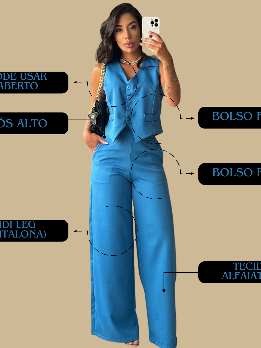 Conjunto Social Calça Pantalona Cintura alta bolsos Alfaiataria Colete Botões Uniforme Plus Size