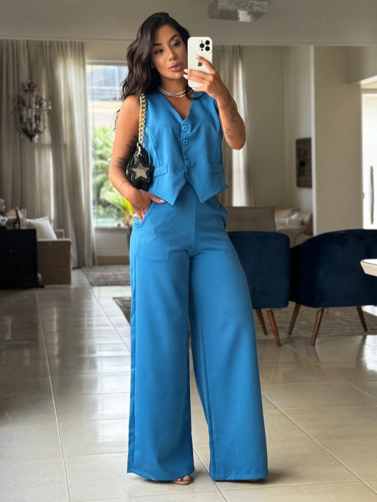 Conjunto Social Calça Pantalona Cintura alta bolsos Alfaiataria Colete Botões Uniforme Plus Size