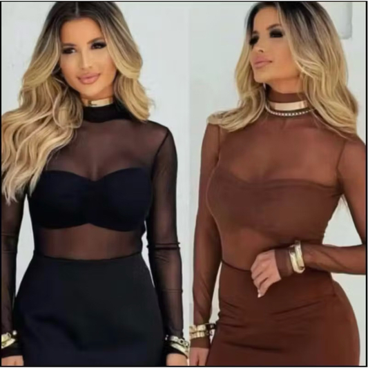 Body de Tule Transparente Manga Longa Look Noite Colorido Verão Body Balada Rosa Azul Amarelo Vermelho